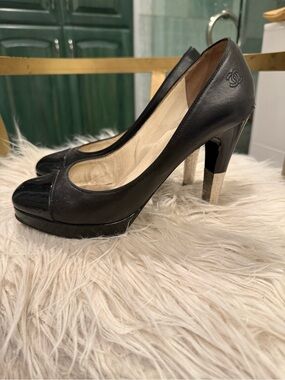 CHANEL Black Leather and Patent Cap-Toe High Heel Pumps